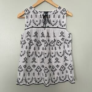 Talbots Women’s White/Black Embroidery Boho Sleeveless LInen Blend Top XS NWT